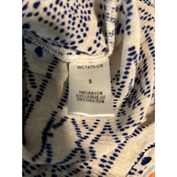 THML Anthropolgie Modern Boho Embroidered White/Blue Print Ruffle Cap Slve Top S - Picture 3 of 6